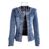 Luxury Spring Fashionable Women Denim Jacket Slim Zipper Casual Short Sequins Outerwear Ladies Vintage Crystal Biker