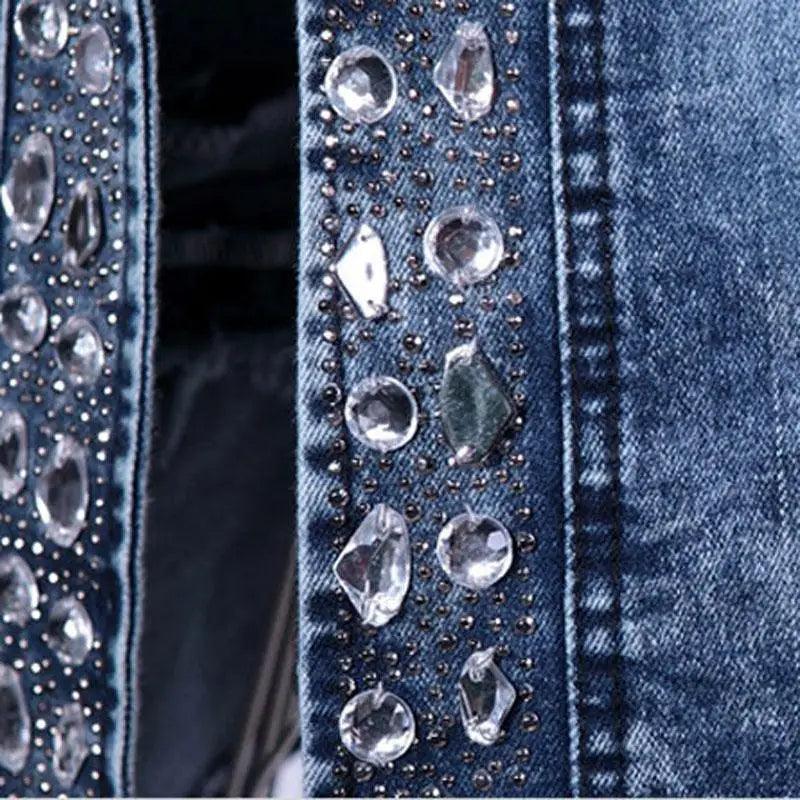 Luxury Spring Fashionable Women Denim Jacket Slim Zipper Casual Short Sequins Outerwear Ladies Vintage Crystal Biker