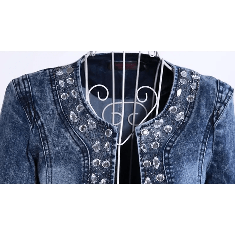 Luxury Spring Fashionable Women Denim Jacket Slim Zipper Casual Short Sequins Outerwear Ladies Vintage Crystal Biker