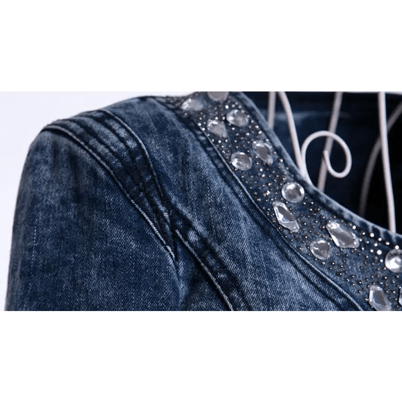 Luxury Spring Fashionable Women Denim Jacket Slim Zipper Casual Short Sequins Outerwear Ladies Vintage Crystal Biker