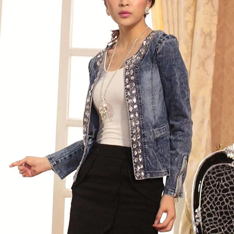 Luxury Spring Fashionable Women Denim Jacket Slim Zipper Casual Short Sequins Outerwear Ladies Vintage Crystal Biker