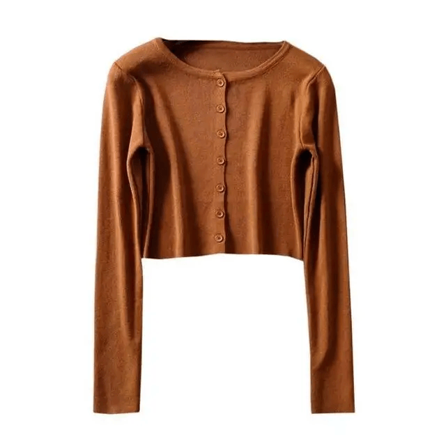 Luxury Style O - neck Short Knitted Sweaters Women Thin Cardigan Fashionable Sleeve Sun Protection Crop Top - Brown