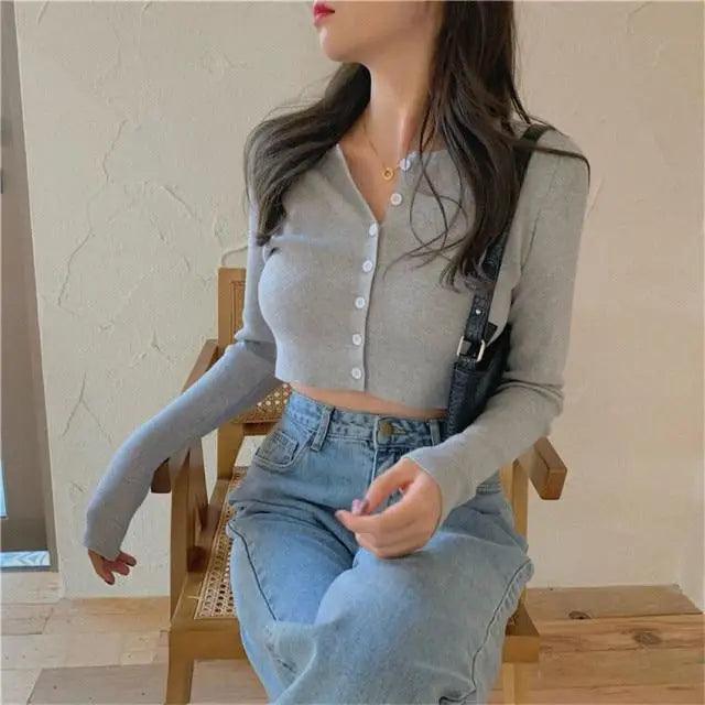 Luxury Style O - neck Short Knitted Sweaters Women Thin Cardigan Fashionable Sleeve Sun Protection Crop Top - GRAY