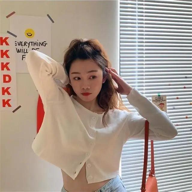 Luxury Style O - neck Short Knitted Sweaters Women Thin Cardigan Fashionable Sleeve Sun Protection Crop Top - White