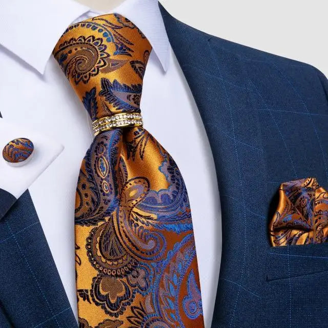 Luxury Wedding High Quality Solid Color Floral Tie For Men Fashion Silk Necktie Cufflink Silk Tie Set For Men - 7