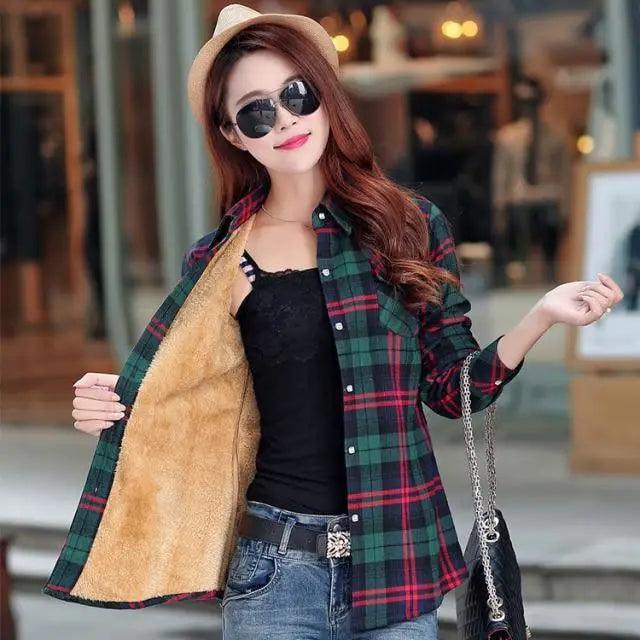 Luxury Winter Warm, Plus Velvet Thicken Plaid Shirt Style Coat Jacket For Women Clothes/Tops/Casual/Jacket/Outerwear For Female - ALLURELATION - 574, Jacket, Jacket For girls, jacket for women - Stevvex.com