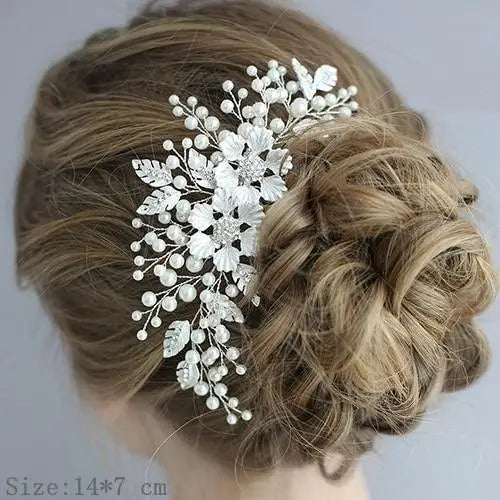 Luxury Women Charming Flower Leaf Pearl Crystal Bridal Hair Comb Pearl Handmade Hair Pin For Women - 5 - STIL5443RRTTY