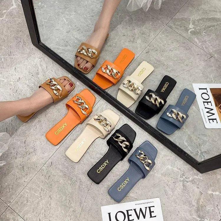 Luxury Women Summer Slipper Square Toe Chain Slippers Fashion Open Toe Metal Chain Beach Shopping Party Flip Flops