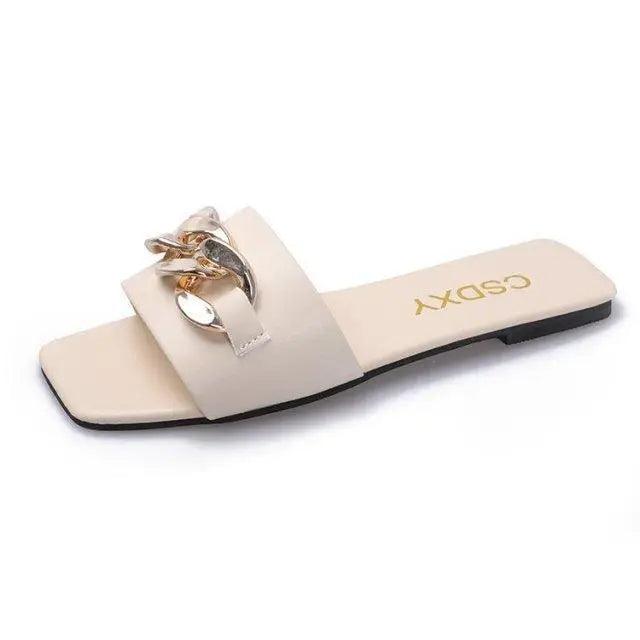 Luxury Women Summer Slipper Square Toe Chain Slippers Fashion Open Toe Metal Chain Beach Shopping Party Flip Flops