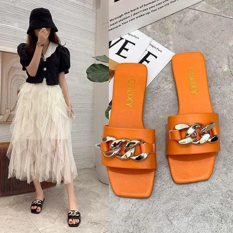 Luxury Women Summer Slipper Square Toe Chain Slippers Fashion Open Toe Metal Chain Beach Shopping Party Flip Flops