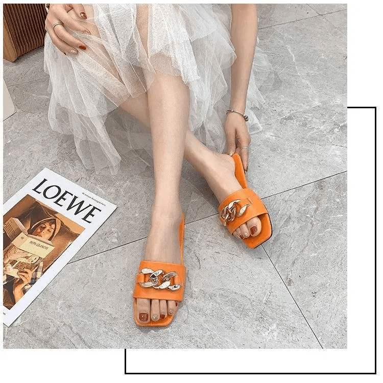 Luxury Women Summer Slipper Square Toe Chain Slippers Fashion Open Toe Metal Chain Beach Shopping Party Flip Flops