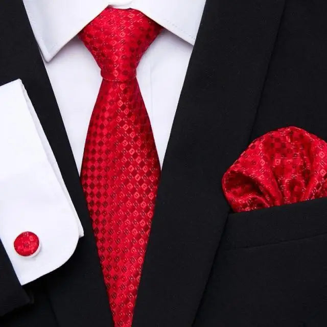 Men Elegant Red Silk Tie Classic Necktie Cufflinks Set Business Necktie With Handkerchief Perfect Match With Wedding