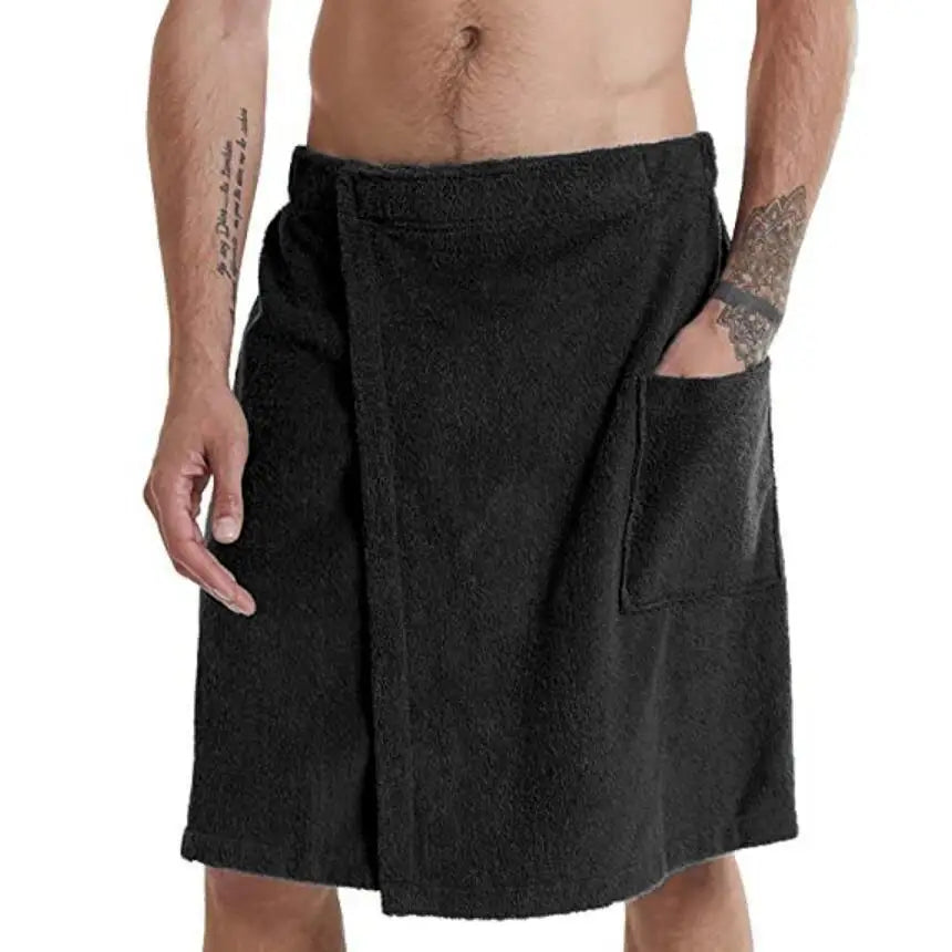 Men Plush Fleece Wrap Spa Gym Bath Wrap Solid Color Classy Design Bathrobes With Pocket Trendy Men’s Bath Wrap