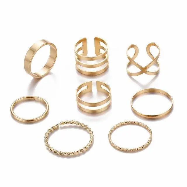 Modern Gold Color Round Hollow Geometric Rings Set For Women And Girls Fashionable Cross Twist Open Ring Joint Ring