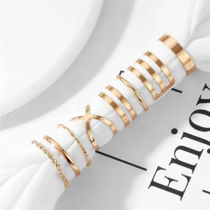 Modern Gold Color Round Hollow Geometric Rings Set For Women And Girls Fashionable Cross Twist Open Ring Joint Ring