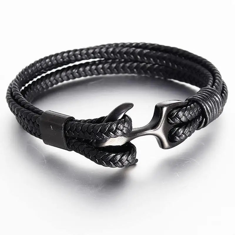 7 Colors Stainless Steel Men Bracelet Red Genuine Leather Gold Black Anchor Multi-layer Braided Bracelet Homme Men Jewel'r'y