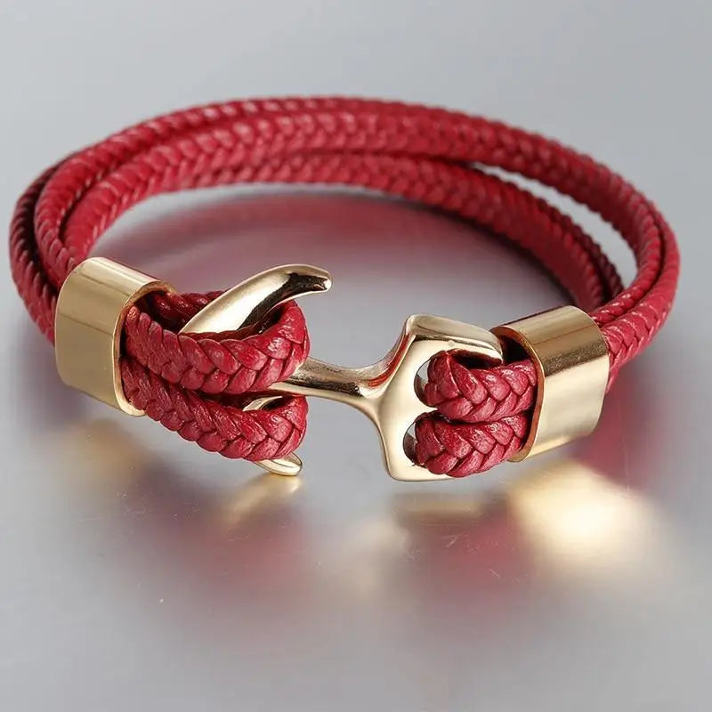  Stainless Steel Men Bracelet Red Genuine Leather Gold Black Anchor Multi-layer Braided Bracelet Homme Men Jewelry