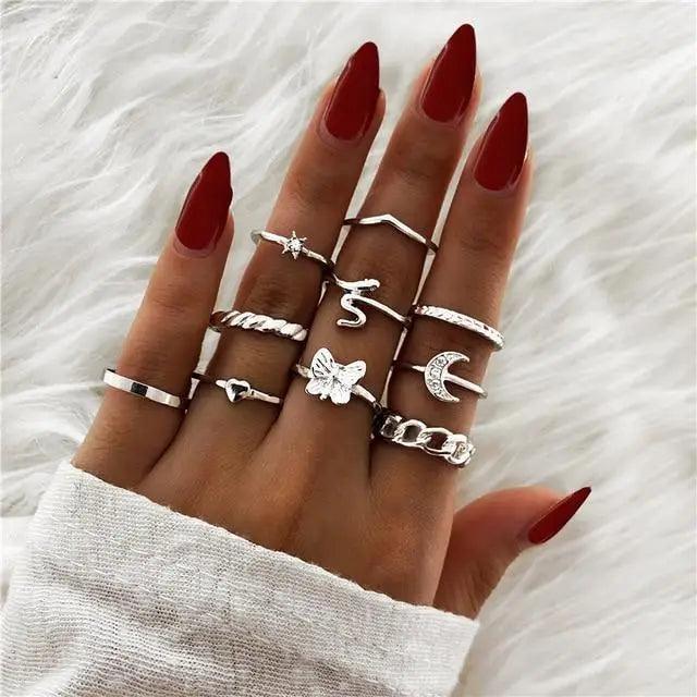 Modern Ring Set for Girls Sterling Chain Moon Rings Set For Ladies And Girls Retro Vintage Style Female Rings Trendy