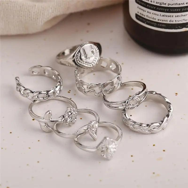 Modern Ring Set for Girls Sterling Chain Moon Rings Set For Ladies And Girls Retro Vintage Style Female Rings Trendy