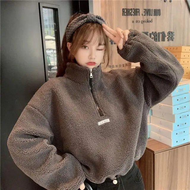 New Autumn Winter Hoodies Women New Imitation Lamb Short Plus Thick Hooded Sweatshirt Female Loose Student Jacket Tops - Treko - Cool Fashion, Cool Hoodies, Hoodies, Hoodies And Pants, Hoodies Sweatshirts, Jacket Hoodies, Loose Hoodies, Luxury Hoodies, Modern Hoodies, Multi Pockets Hoodies.  2021 dress, New Hoodies, New Sweatshirt, Stylish Hoodies, Sweatshirt, Women hoodie, Zipper Hooded- Stevvex.com