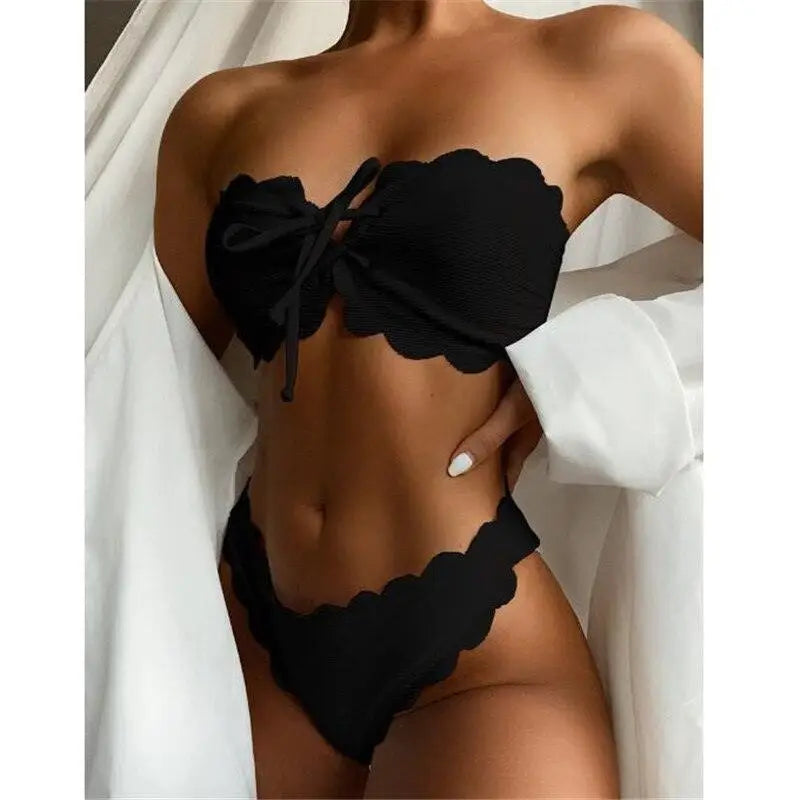 New Black/White Bikini High Waist Strapless Bikini Women Swimwear Women's Swimsuit Padded Bathing Suit Lace-up Pure Color Soft And Comfortable Bikinis - STEVVEX Fashion - 711, beach bikini, beach swimsuit, bikini set, Bikinis, black bikini, Colorful bikini, Comfortable Bikinis, swimsuit, white bikini, woman, woman bikini, woman swimsuit, Woman swimwear, women bikini, women swimwear - Stevvex.com