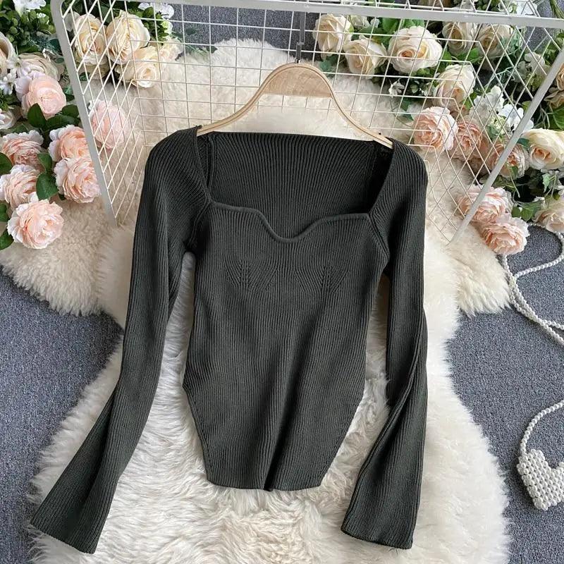 New Casual And Trendy Square Collar Long Sleeve Woman’s Sweaters Knitted Pullover Spring Autumn Sweater Winter Tops