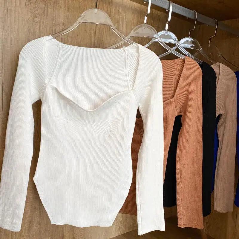 New Casual And Trendy Square Collar Long Sleeve Woman’s Sweaters Knitted Pullover Spring Autumn Sweater Winter Tops