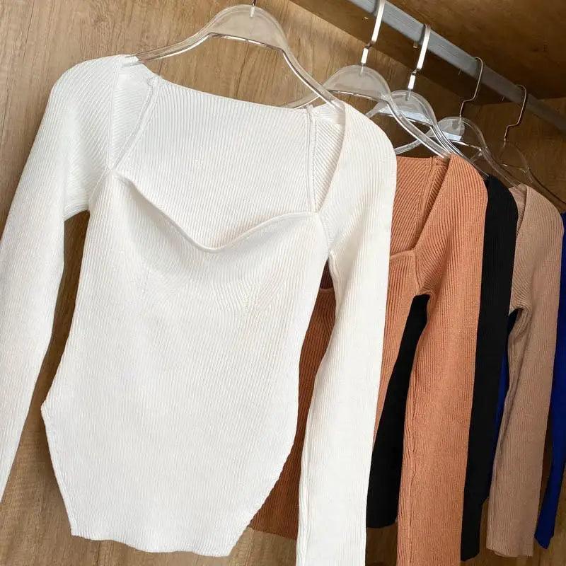 New Casual And Trendy Square Collar Long Sleeve Woman’s Sweaters Knitted Pullover Spring Autumn Sweater Winter Tops