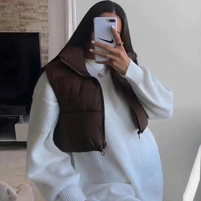 New Chic Lady Fashionable Women’s Casual High Collar In Coffee Color Short Outwear Zippers Sleeveless Jackets Vest