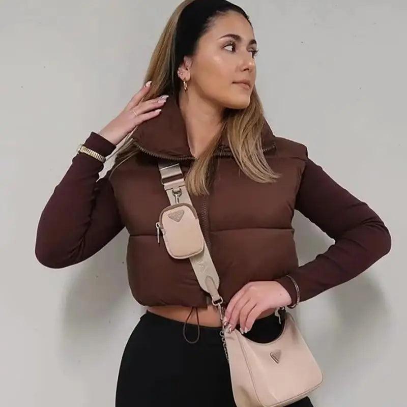 New Chic Lady Fashionable Women’s Casual High Collar In Coffee Color Short Outwear Zippers Sleeveless Jackets Vest