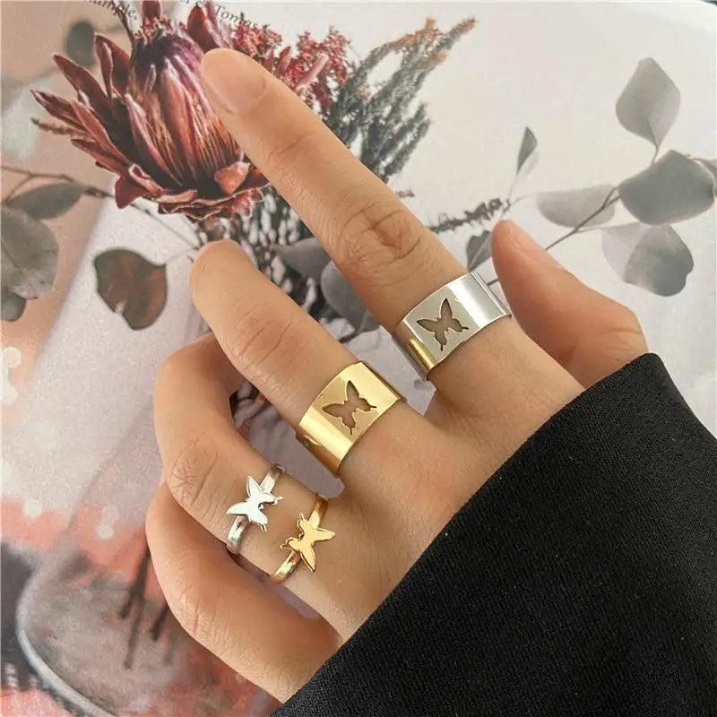 New Contemporary Gold Adjustable Butterfly Ring Set For Women And Girl Fashionable Female Party Jewelry - ALLURELATION - 571, Antique Jewelry, contemporary gold ring, elegance rings, elegance rings set, elegant jewelry, fashionable jewelry, fashionable rings set, gift rings, Jewelry, modern ring style, party jewelry, party rings, rings, rings for girls, rings for ladies, stylish ring, trendy jewelry, trendy rings, vintage jewelry, vintage style rings - Stevvex.com