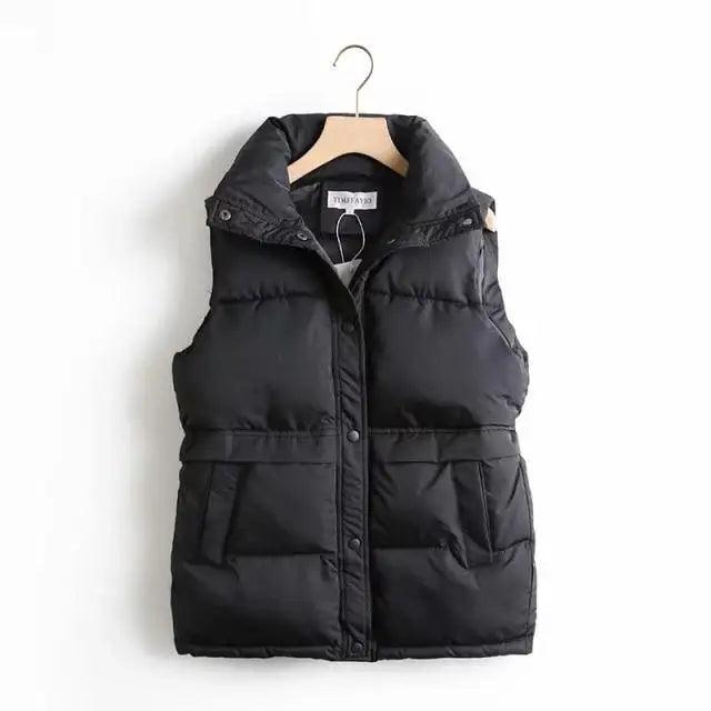 New Cotton Padded Autumn Winter Women’s Solid Loose Vest Drawstring Stand Collar Long Vest Jacket Women Windproof