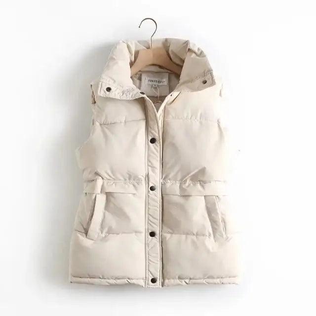 New Cotton Padded Autumn Winter Women’s Solid Loose Vest Drawstring Stand Collar Long Vest Jacket Women Windproof