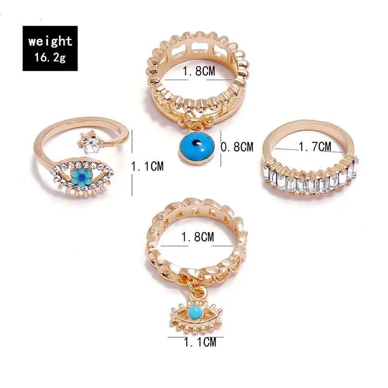 New Crystal Finger Rings Gold Evil Eye Ring Set For Females Trendy Turquoise Flower Rings Fashionable Jewelry