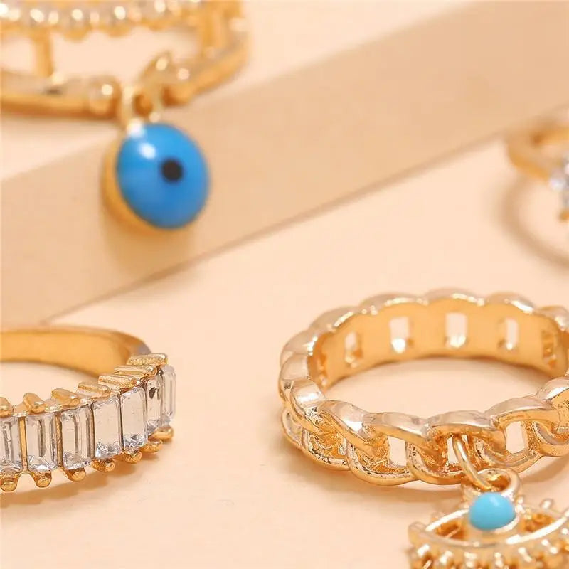 New Crystal Finger Rings Gold Evil Eye Ring Set For Females Trendy Turquoise Flower Rings Fashionable Jewelry