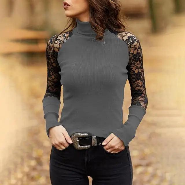 New Dazzling Spring and Autumn Women’s Knitted Turtleneck Sweater Casual Soft O - neck Jumper Fashion Slim Lace