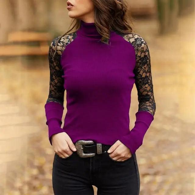 New Dazzling Spring and Autumn Women’s Knitted Turtleneck Sweater Casual Soft O - neck Jumper Fashion Slim Lace