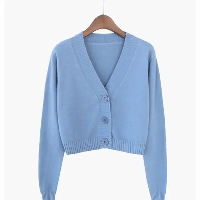 New Elegance And Fashionable Knitted Crop Cardigan For Women And Girls Short Sweater Long sleeve V neck Green Blue - XL