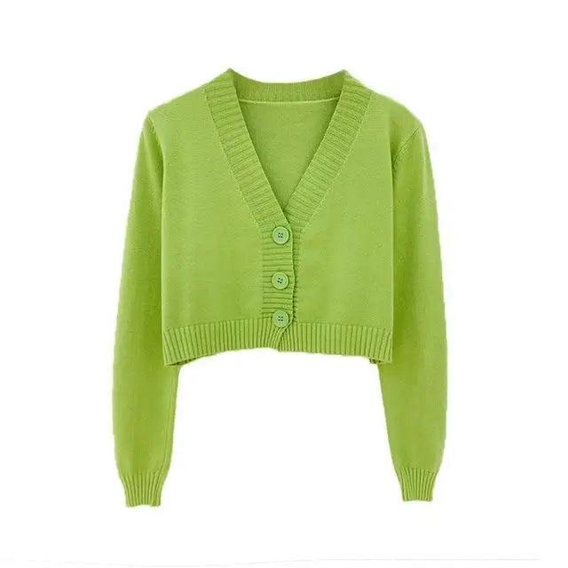 New Elegance And Fashionable Knitted Crop Cardigan For Women And Girls Short Sweater Long sleeve V neck Green Blue - XL