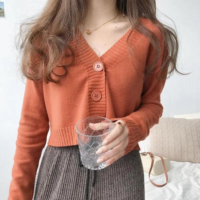 New Elegance And Fashionable Knitted Crop Cardigan For Women And Girls Short Sweater Long sleeve V neck Green Blue