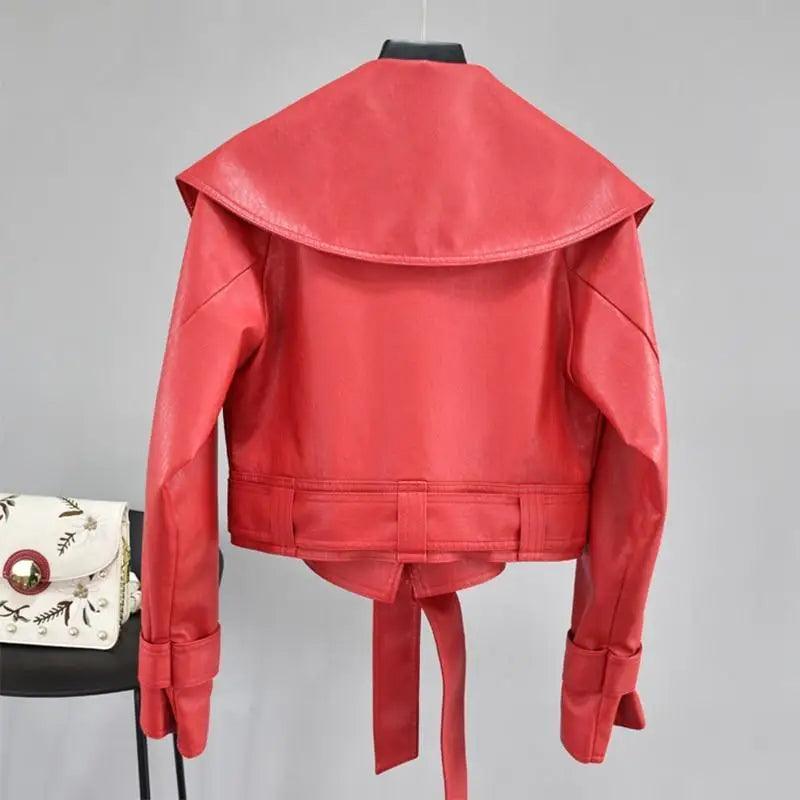 New Elegance Autumn Women’s Pu Leather Jackets Short Coat Turndown Collar Belt Lace - up Motorcycle Black Punk Red