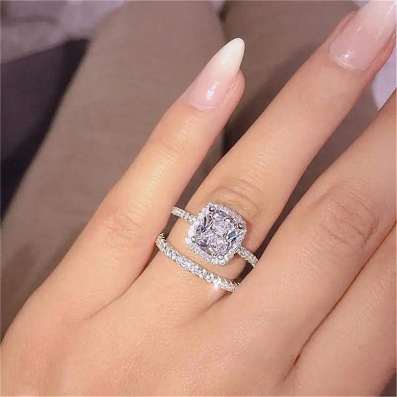 New Elegance Silver Couple Cubic Zirconia Set Ring Luxury Bridal Wedding And Engagement Fine Jewelry - ALU57391YVR