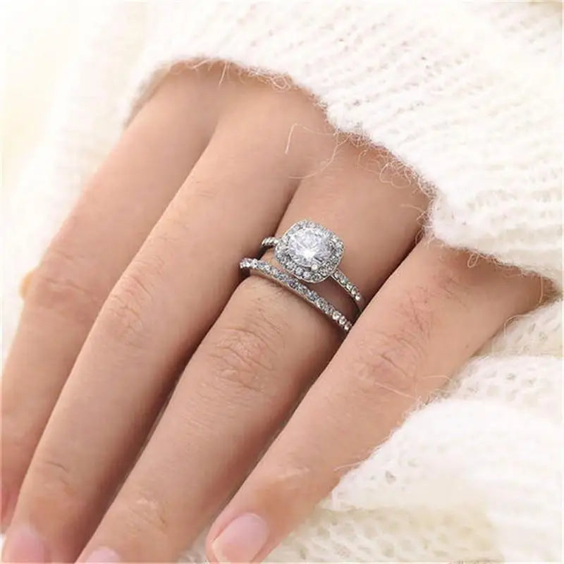 New Elegance Silver Couple Cubic Zirconia Set Ring Luxury Bridal Wedding And Engagement Fine Jewelry - 8 - ALU57391YVR