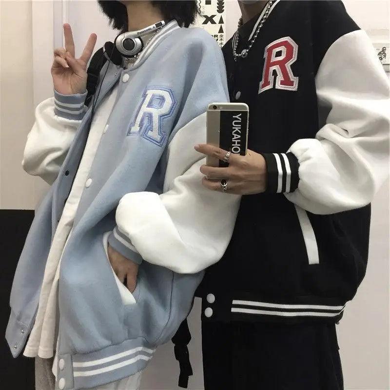 New Elegance Spring Autumn Coat Baseball Bomber Jacket Loose Letter R Men Women Couples Tops Plus Size Jackets