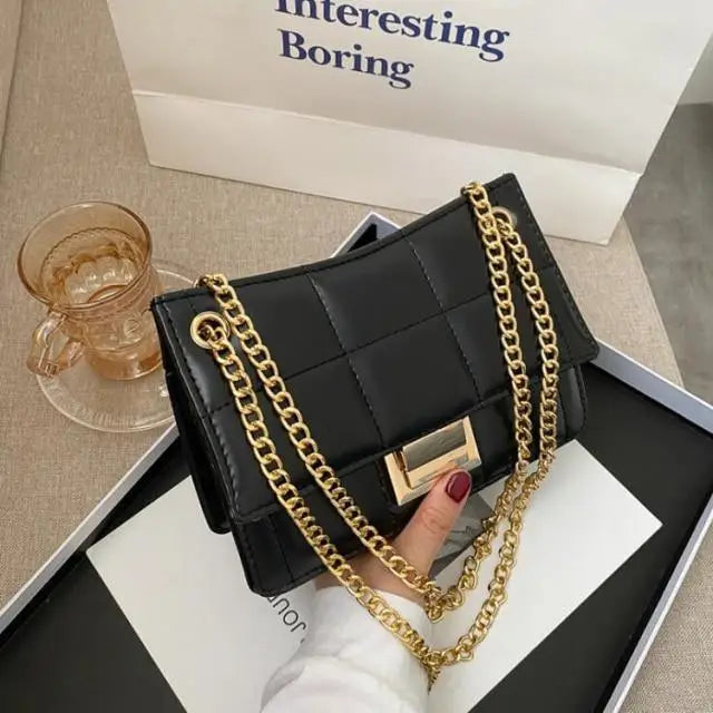 New Fancy Chain Strap Shoulder Bags for Women Summer Fashion Crossbody Bags PU Leather Lady Purses and Handbags - Black