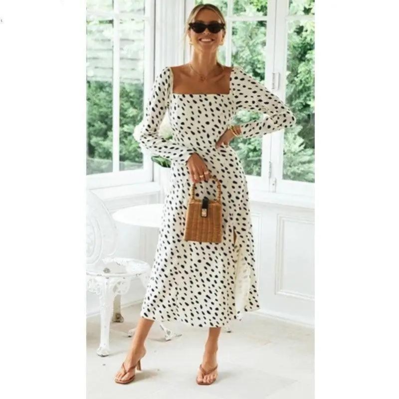 New Fashion Leopard Print Dot long sleeve Slit Luxury Dress - Summer Casual Party Wear Dresses For Women - ALLURELATION - 578, Best selling dresses, Cute Dresses, elegance style dress, Fashion Dresses, gift for birthday, gift for the anniversary, modern casual ladies dress, modern dress for casual wear, Stylish dress, Stylish Dresses, stylish leopard print - Stevvex.com