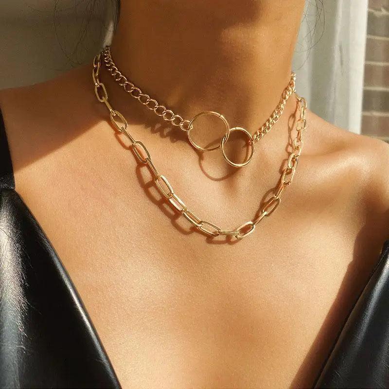 New Fashionable Two Layers Modern Choker Necklace For Women And Girls Shinny Gold Color Necklace Choker Jewelry