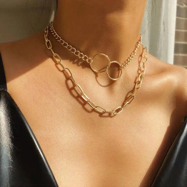 New Fashionable Two Layers Modern Choker Necklace For Women And Girls Shinny Gold Color Necklace Choker Jewelry