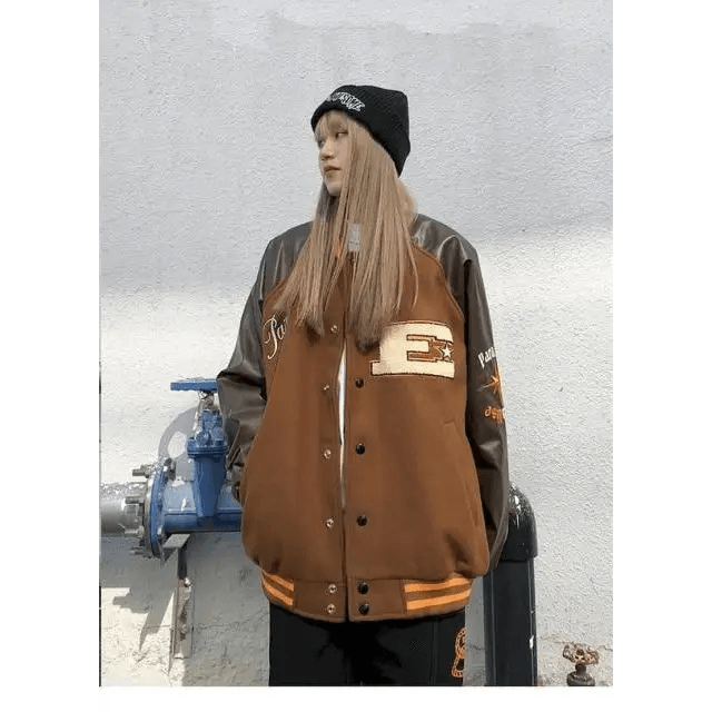 New Free Style Woman Jacket Hip Hop Furry Bone Patchwork Color Block Jackets Mens Streetwear Men Baseball Coats Unisex