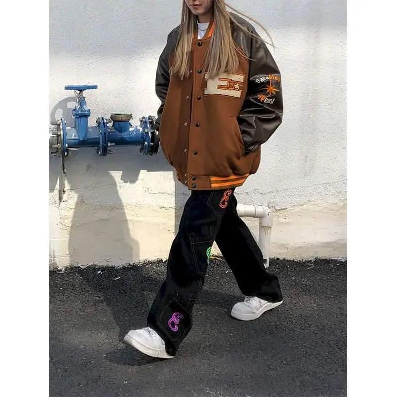 New Free Style Woman Jacket Hip Hop Furry Bone Patchwork Color Block Jackets Mens Streetwear Men Baseball Coats Unisex